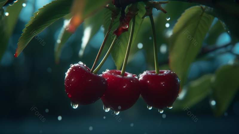 绿色雨后的挂着水滴雨滴的樱桃,高清,摄影图,摄影图片,图片大全,摄影图免费下载